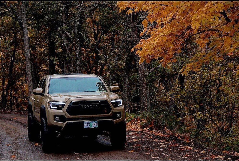 2017 Toyota Tacoma with Paint color Quicksand driving through mountain roads